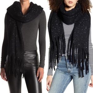 BP Nordstrom Speckled Fringe Trim Muffler Black Chunky Oversized Winter Scarf
